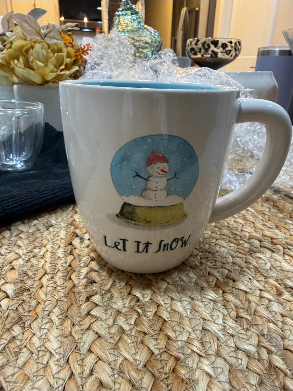 Ceramic 'Let It Snow' Snowman Mug - White with Blue Interior